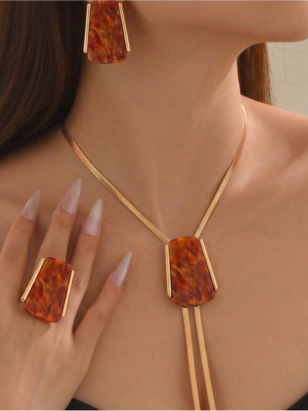Gold-Tone Tortoiseshell Pendant Necklace, Ring & Earrings Set